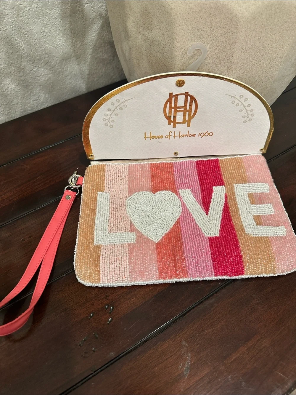 House of Harlow 1960 Pink & Coral Striped 'LOVE' Beaded Wristlet
